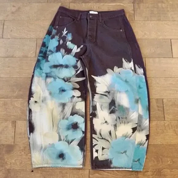 Free People We the Free Good Luck Printed Barrel Jeans Size 30 - Picture 2 of 10